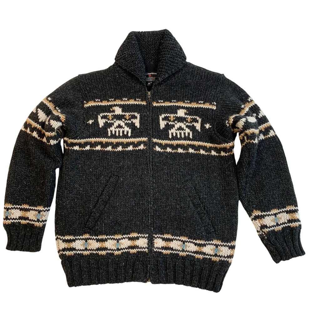 Lost Horizons Handcrafted Wool Thunderbird Zip Cardigan Sweater Charcoal XS